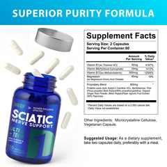 obnobm Sciatic Nerve Support capsules close-up showing easy two-capsule daily dose.