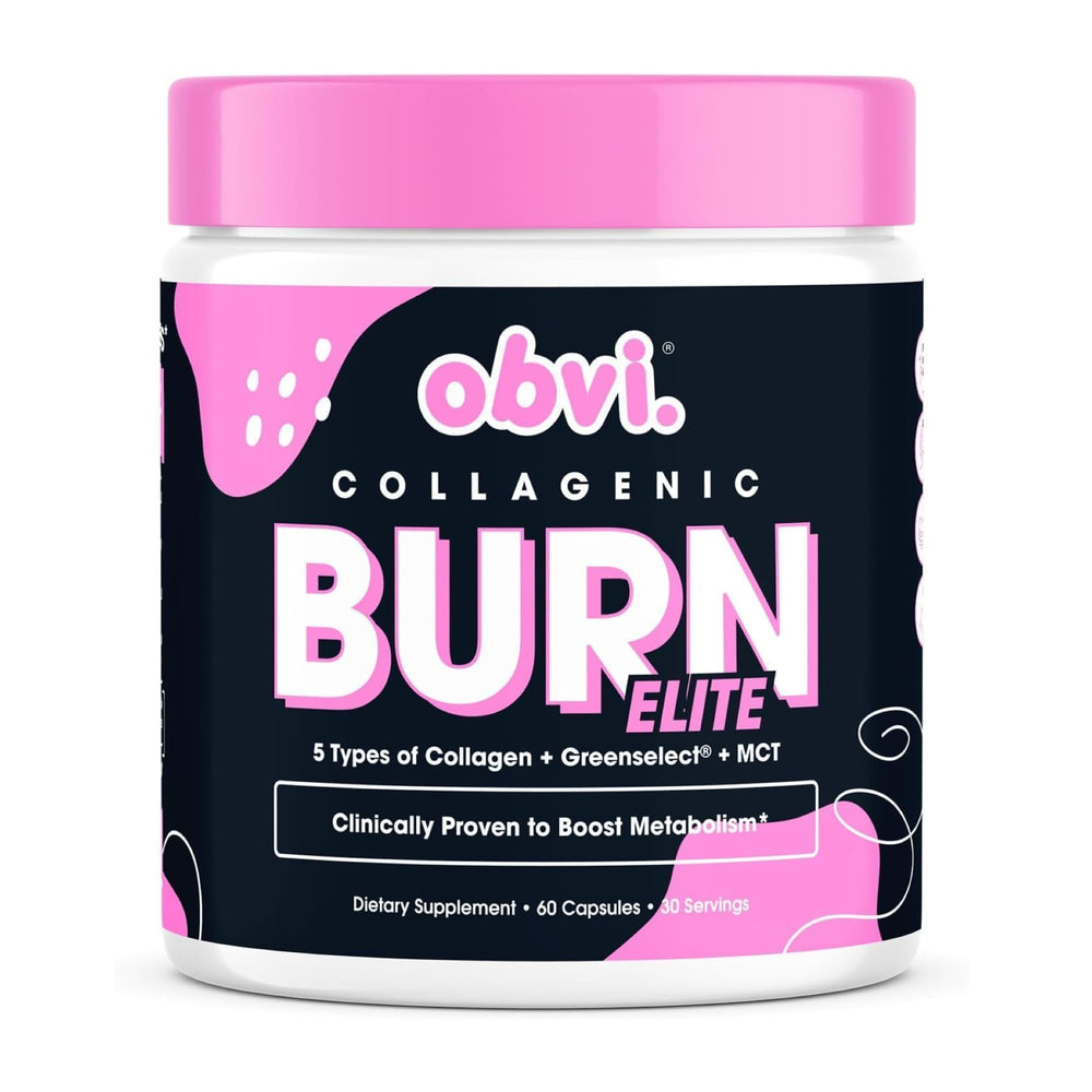Obvi Burn Elite bottle with capsules showing metabolism support and energy potential.