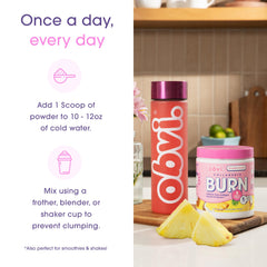 Five types of collagen in Obvi Burn Powder support skin, nails, hair, and joints within a routine.