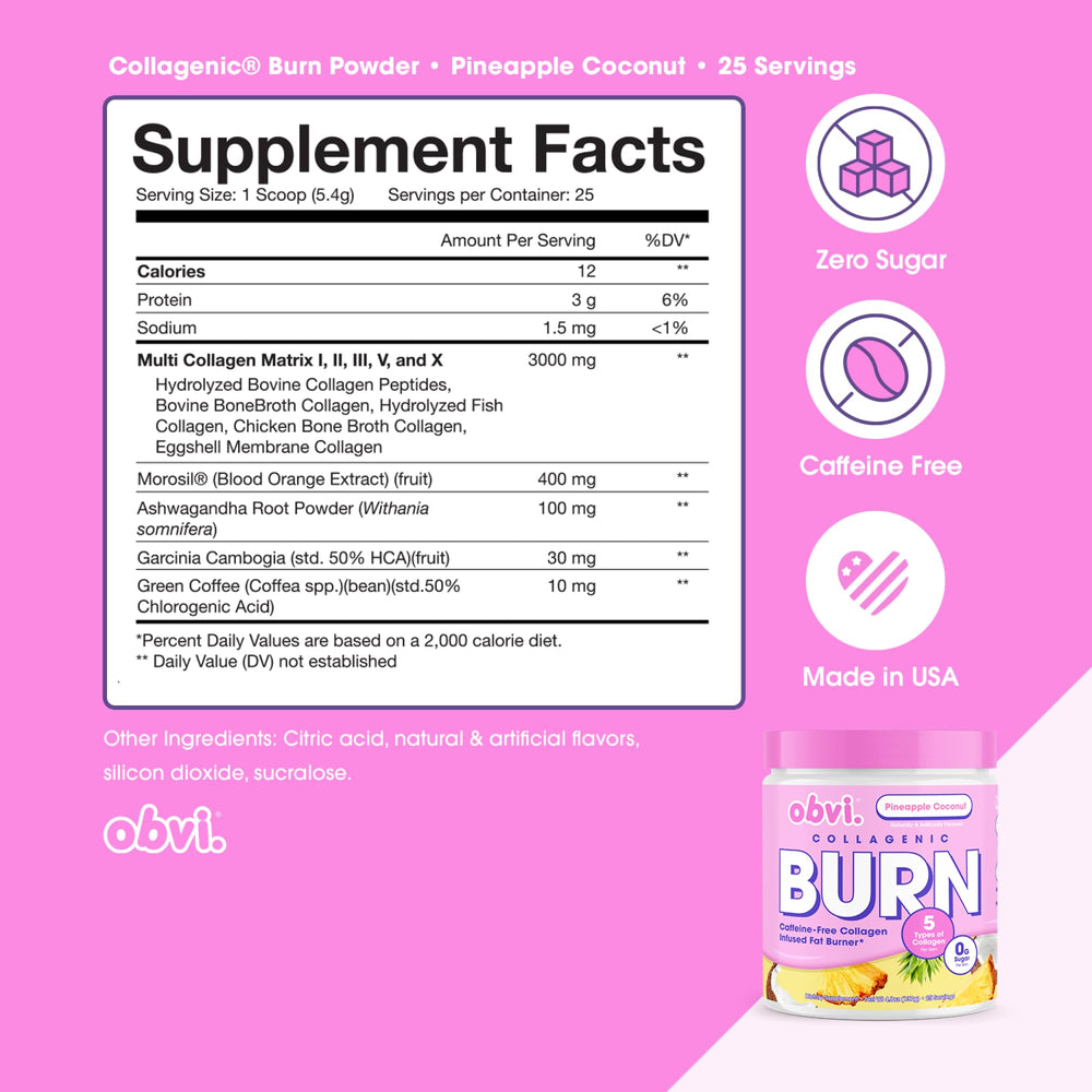 Scoop beside Obvi Collagenic Burn Powder enables precise daily portion control.