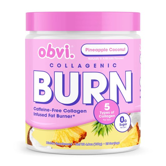 Obvi Collagenic Burn Powder pineapple coconut tub highlights packaging and metabolism support.