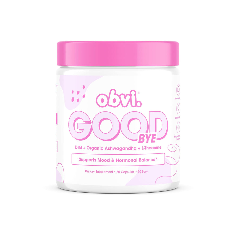 Obvi Goodbye bottle pour highlights a calming blend for daily stress support.