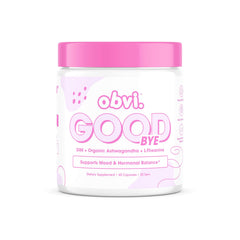 Obvi Goodbye bottle pour highlights a calming blend for daily stress support.