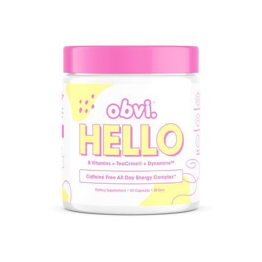 Obvi Hello bottle front showing premium collagen blend for vitality