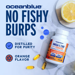 OceanBlue gluten-free, non-GMO Omega-3 bottle with clean ingredients.