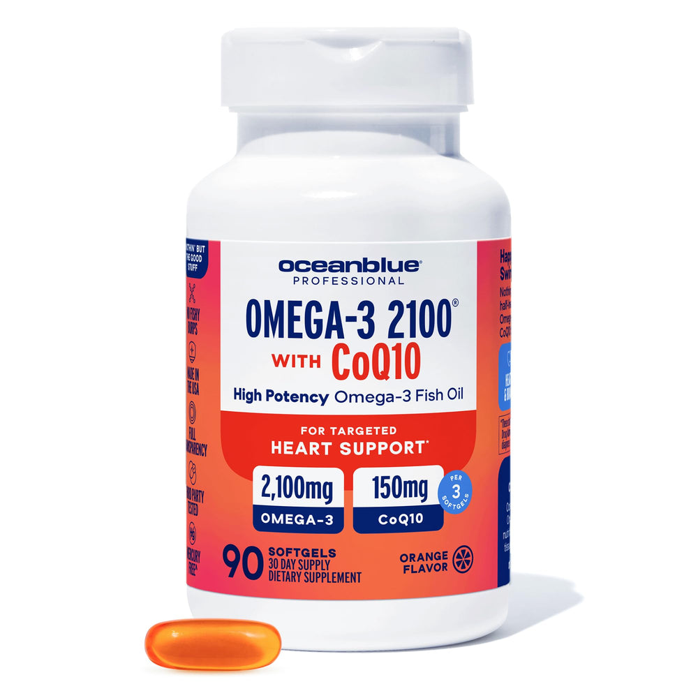 OceanBlue Omega-3 2100 CoQ10 bottle highlighting heart health support