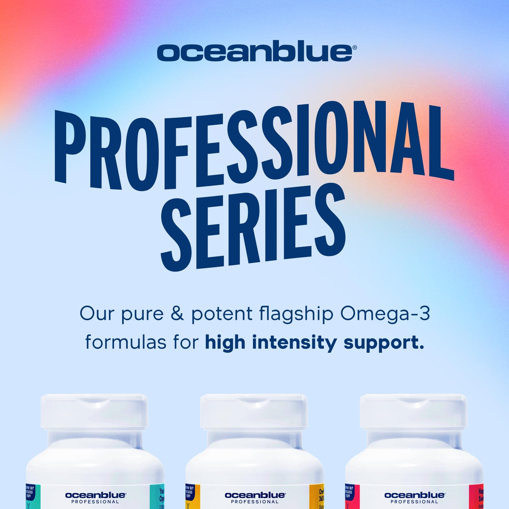 Oceanblue Omega-3 2100 bottle side highlights clean formula and high-quality ingredients.