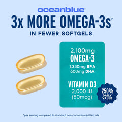 Close-up of Oceanblue Omega-3 2100 label detailing EPA, DHA, DPA.