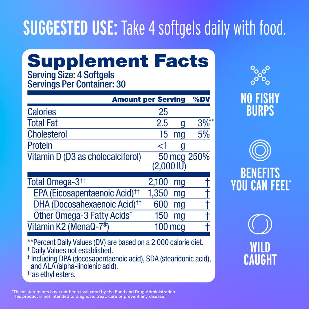 Oceanblue Omega-3 2100 softgel capsules close-up showing burpless orange flavor