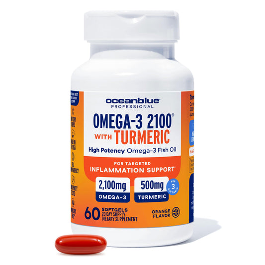 OceanBlue Omega-3 Turmeric bottle for daily joint and heart support.