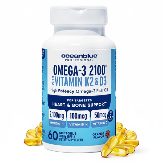 Oceanblue Omega-3 2100 bottle highlighting EPA/DHA for heart support