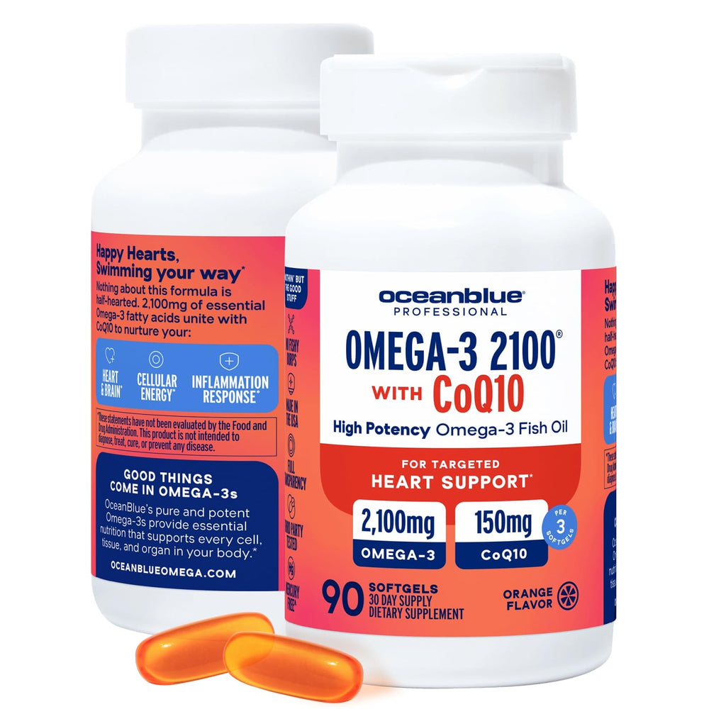 Oceanblue Omega-3 2100 orange bottle showing the product packaging and flavor
