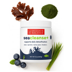 Seacleanse+ powder being dispensed to highlight easy mix and steady energy.