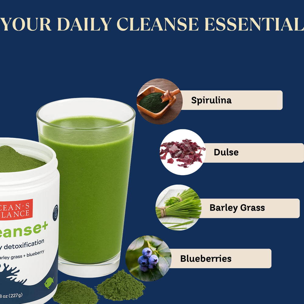 Ocean's Balance Seacleanse+ seaweed blend highlighting nutrient-rich greens for gut support.