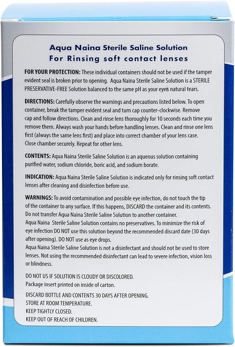 Oculus Curae Aqua Naina label clarifies sterile saline use for safe lens care.