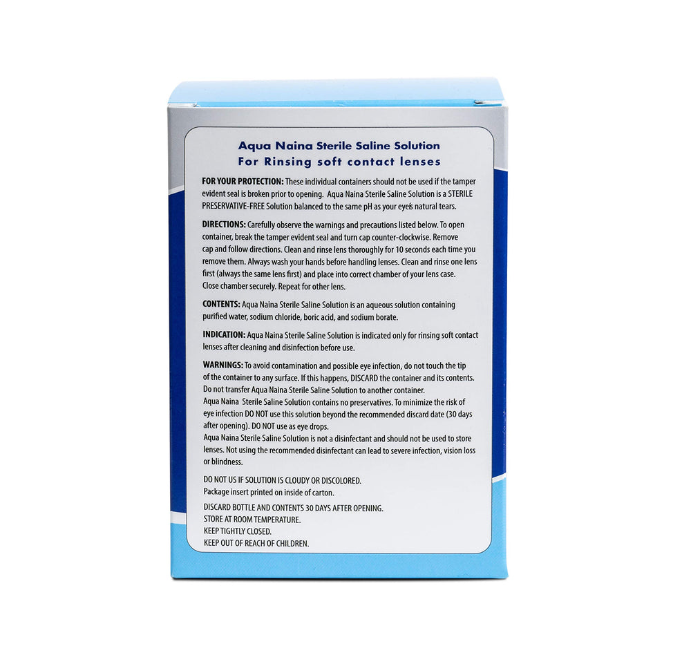 Preservative-free Aqua Naina saline for sensitive eyes and daily lens care.