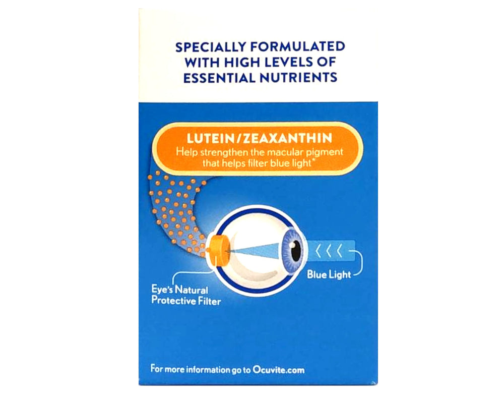Ocuvite Blue Light label detail noting 25 mg lutein and 5 mg zeaxanthin