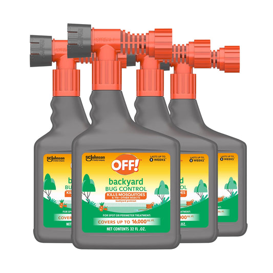 OFF! Backyard Bug Control yard pretreat sprayer attached to a hose for broad outdoor protection.