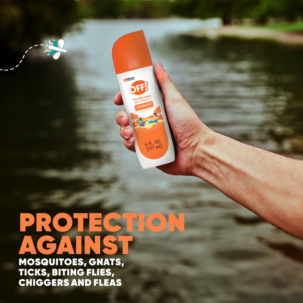 OFF! FamilyCare 7% DEET spray demonstrates mosquito defense.