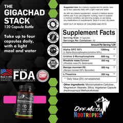Off Meta Gigachad Stack capsules closeup showing dosage for sustained focus.