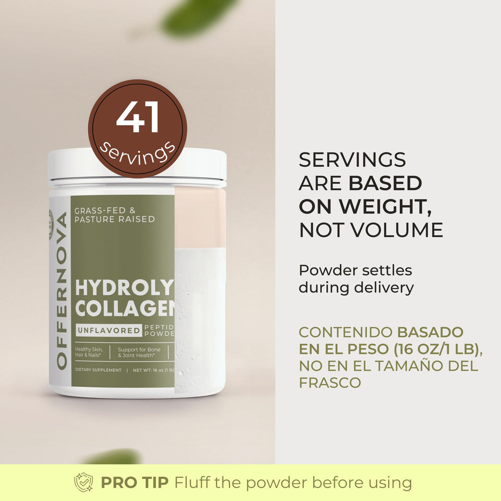 Offernova hydrolyzed collagen powder closeup shows smooth texture.