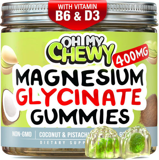 OH MY CHEWY center-filled magnesium glycinate gummies bottle promotes daily calm.