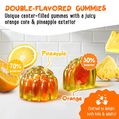 OH MY CHEWY center-filled gummies close up shows fruity dual flavor option