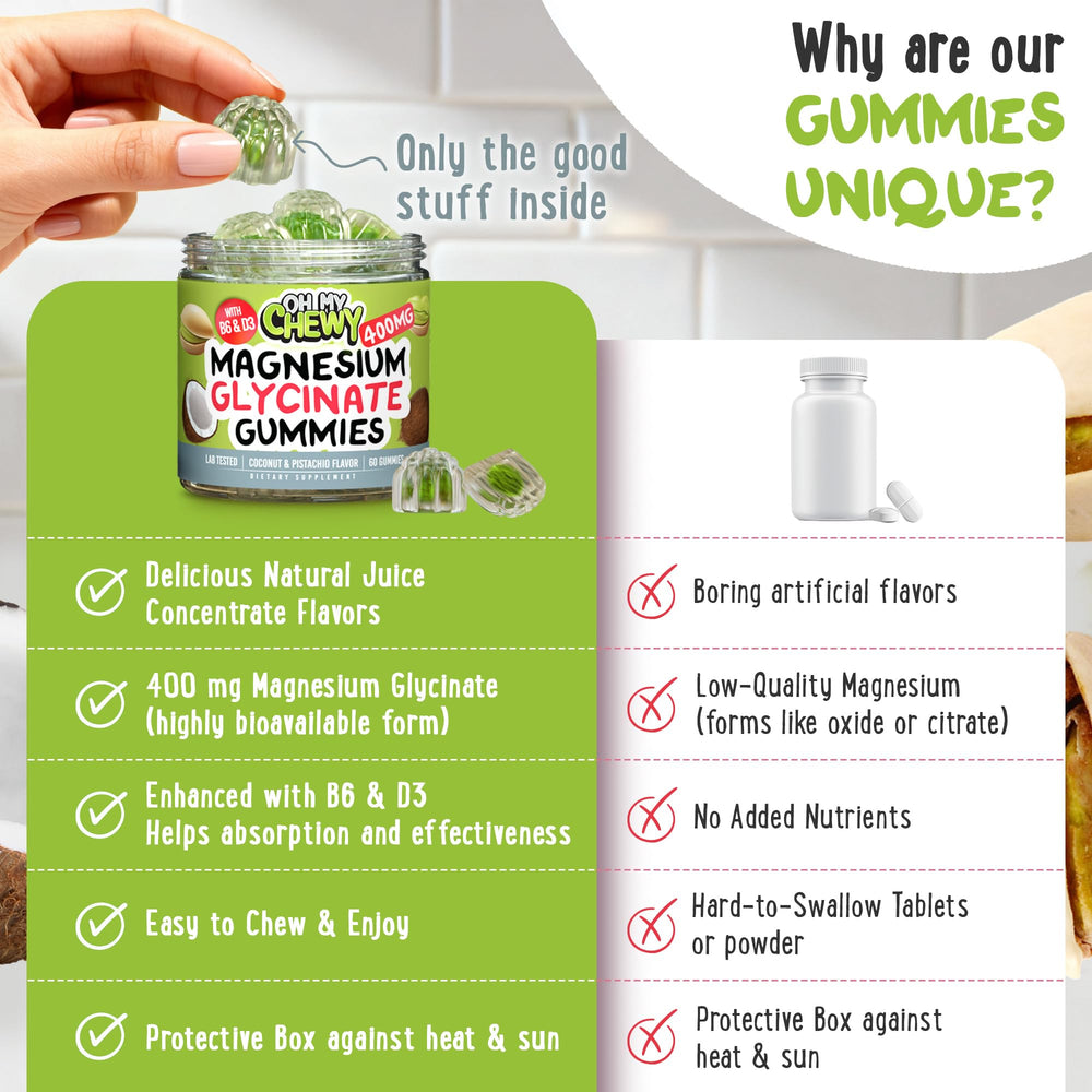 OH MY CHEWY bottle label highlights vegan and gluten-free formulation.