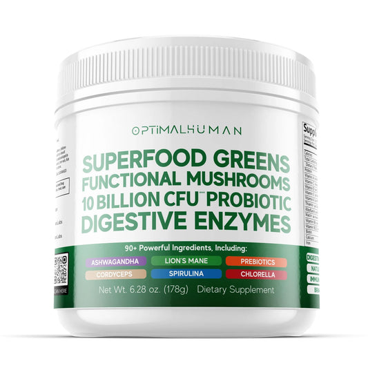OH Optimal Human Superfood Powder bottle shows 90+ ingredients for daily focus.
