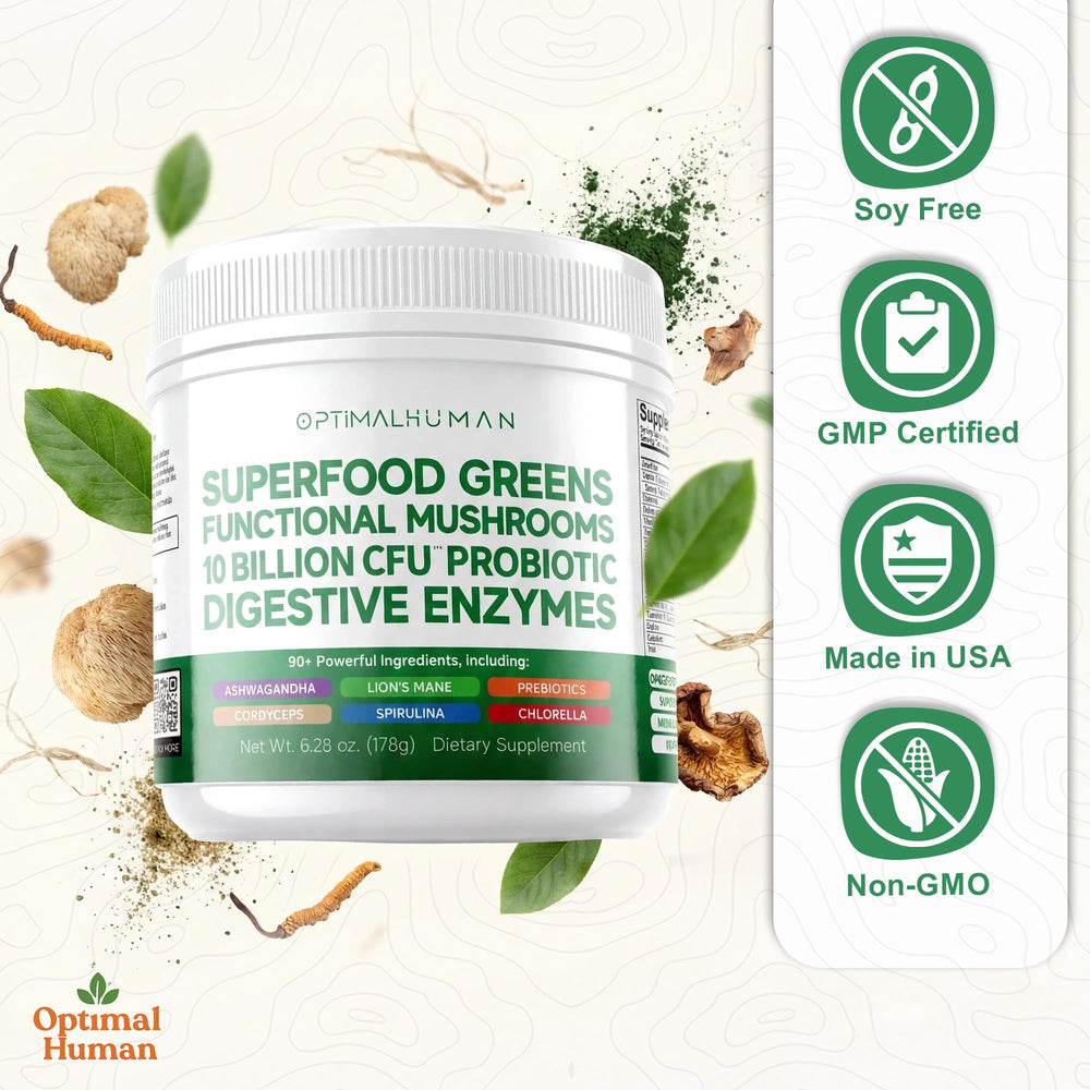 OH Optimal Human ingredients close-up showing 90+ nutrient components.