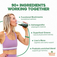 OH Optimal Human label close-up highlights Lion's Mane and Turmeric ingredients.