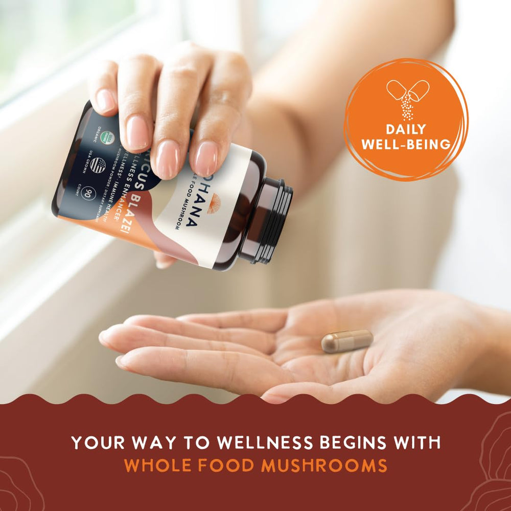 Ohana Agaricus Blazei capsules bottle side view showcasing gluten-free, keto-friendly supplement
