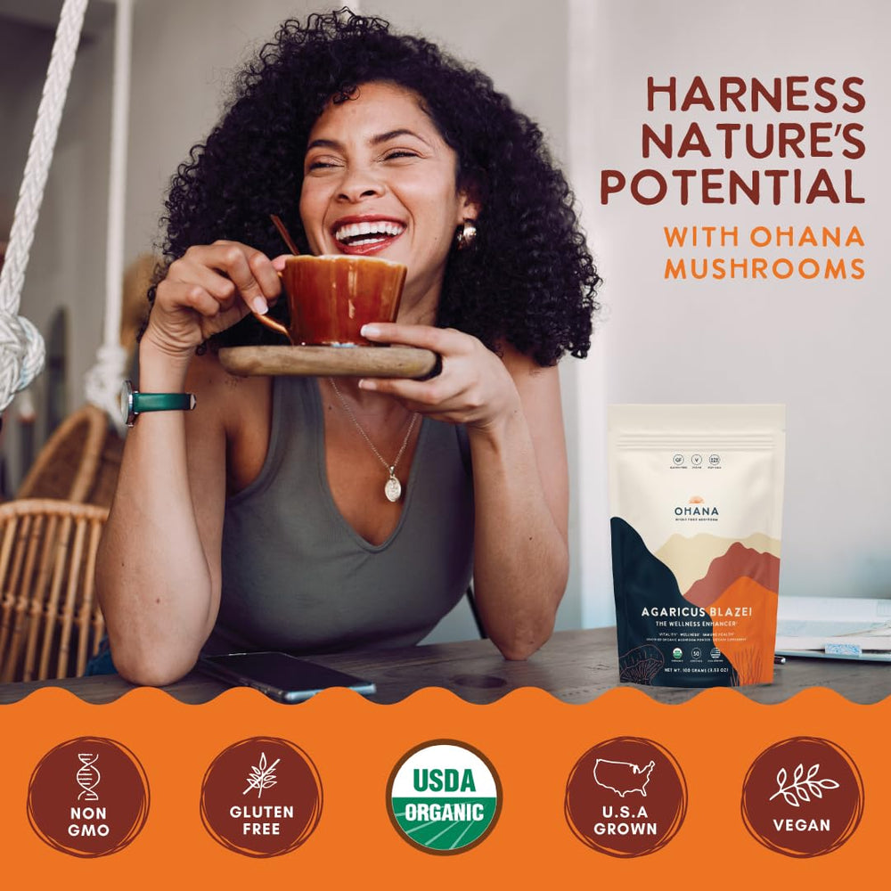 Ohana Agaricus Blazei kitchen-use image suggests versatile incorporation.