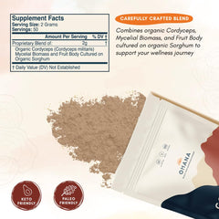 Ohana Cordyceps capsules bottle highlighting convenient, gluten-free supplement.