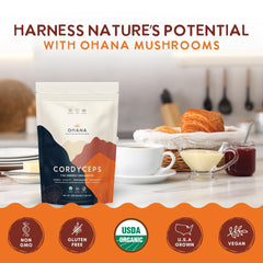 Ohana Cordyceps capsules offer convenient daily intake during a busy morning.