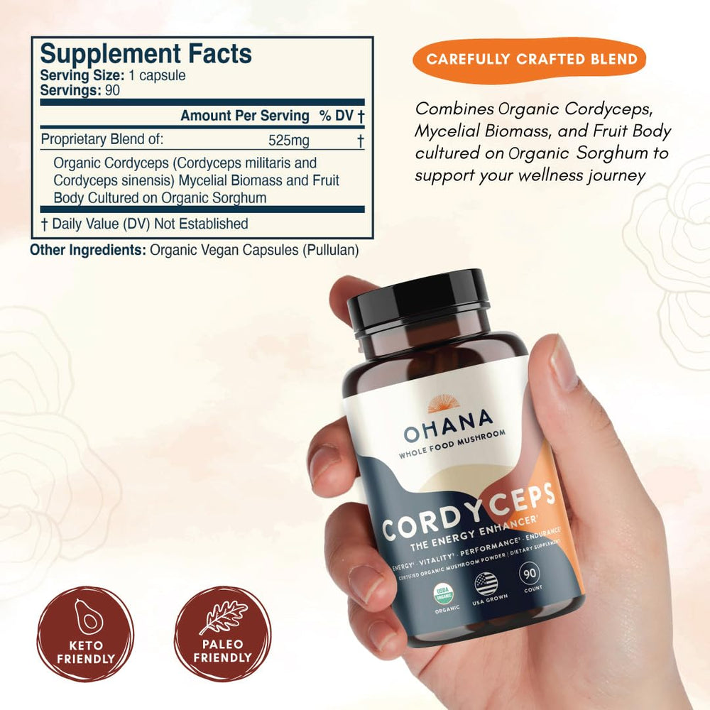 Ohana Cordyceps organic blend pack emphasizes keto and vegan compatibility