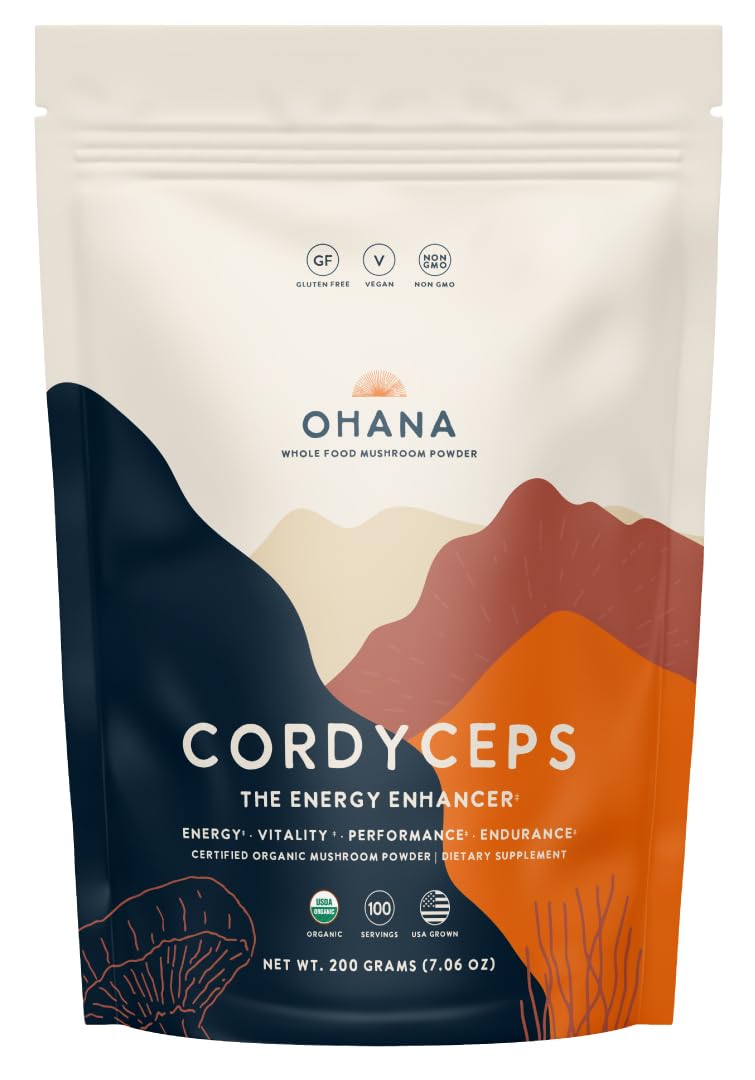 Ohana Cordyceps powder bag showing premium organic blend for vitality.