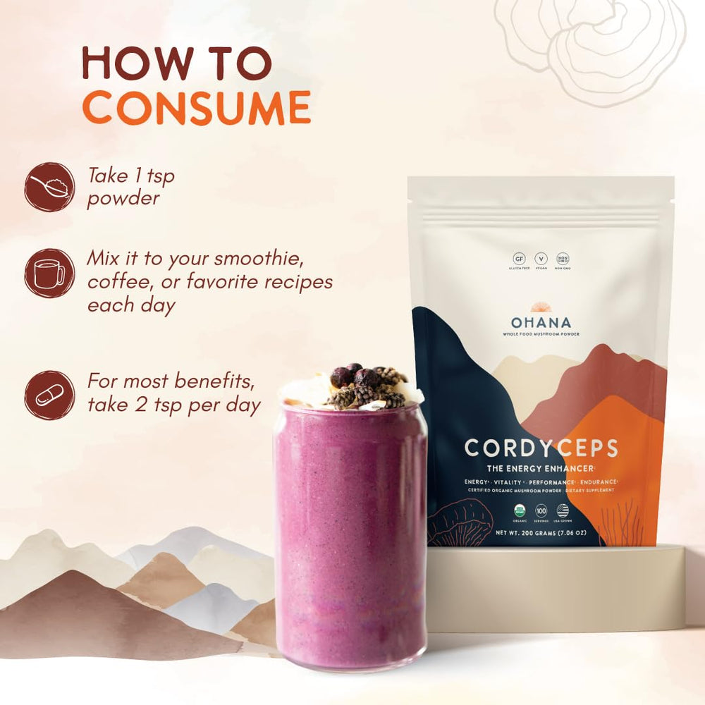 Ohana Cordyceps powder dissolving in water for quick energy support.