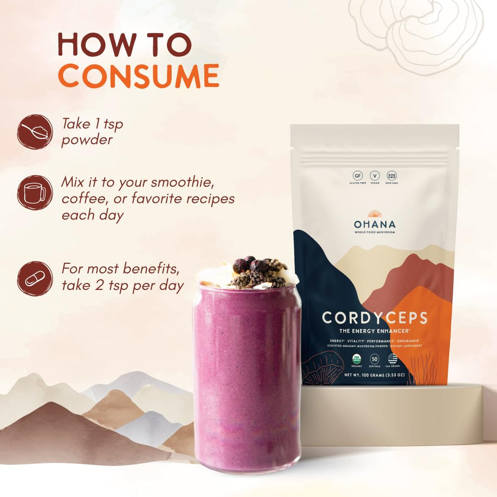 Ohana Cordyceps powder scoop included for easy daily servings.
