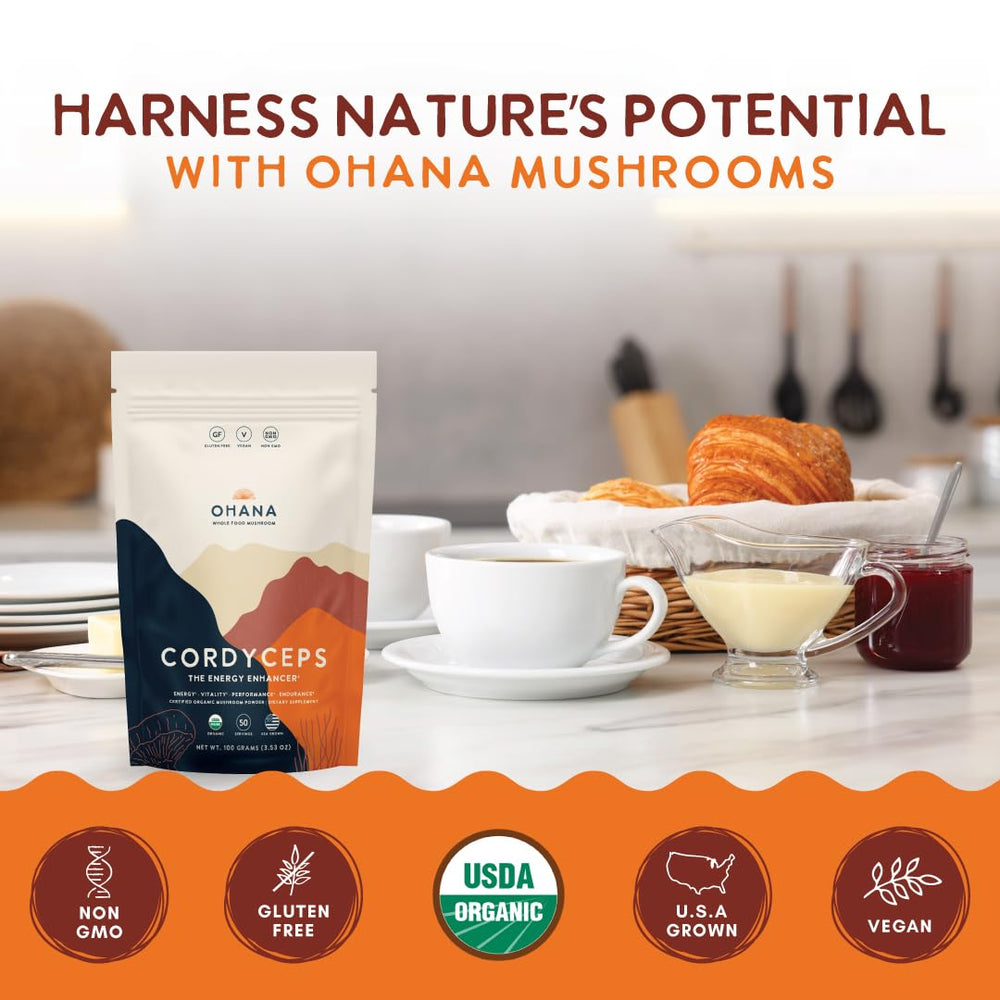 Ohana Cordyceps US-grown bottle against kitchen counter.