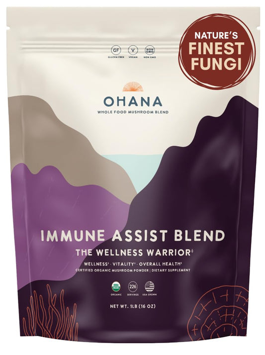 Ohana Immune Assist Blend bottle pour shows easy daily use for energy support.