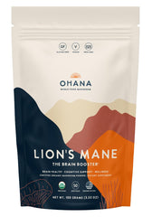 Ohana Lion’s Mane powder bag front shows organic blend label for potential focus support.