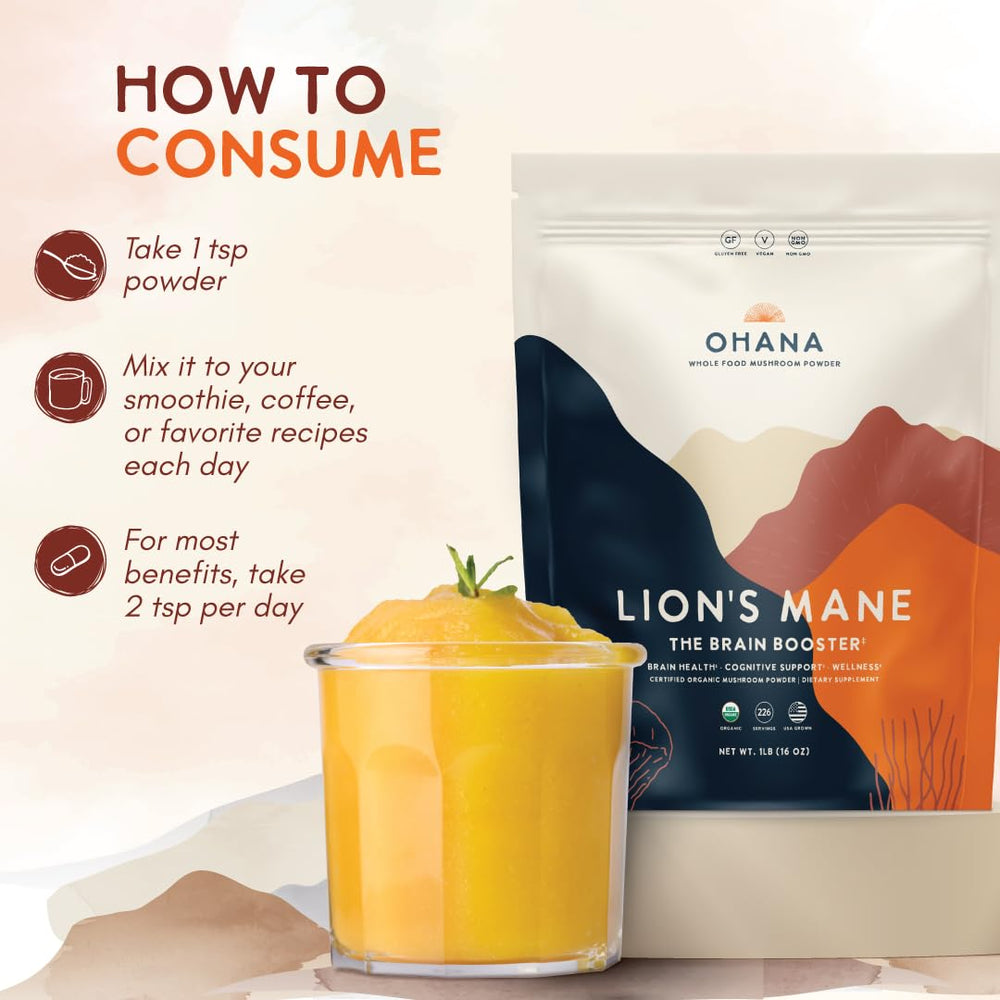 Ohana Lion's Mane powder stirred into a smoothie for focus support