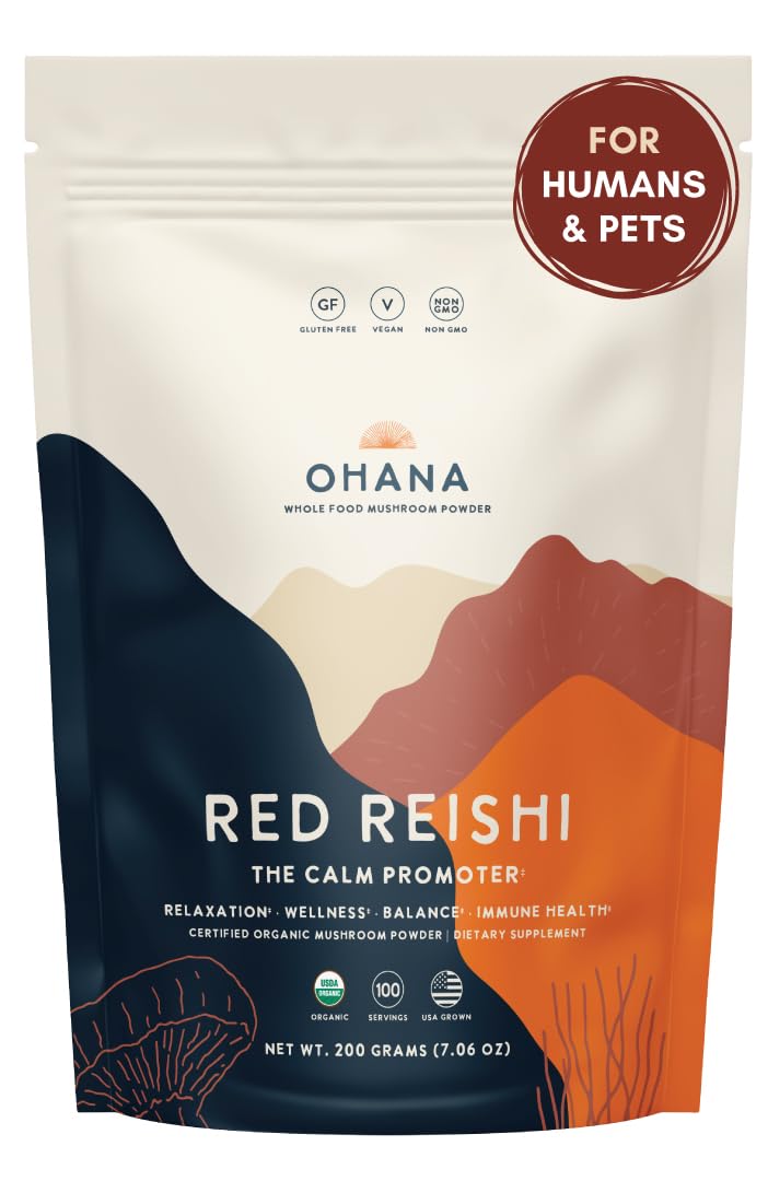 Ohana Red Reishi bottle front highlights organic, gluten-free daily wellness support.