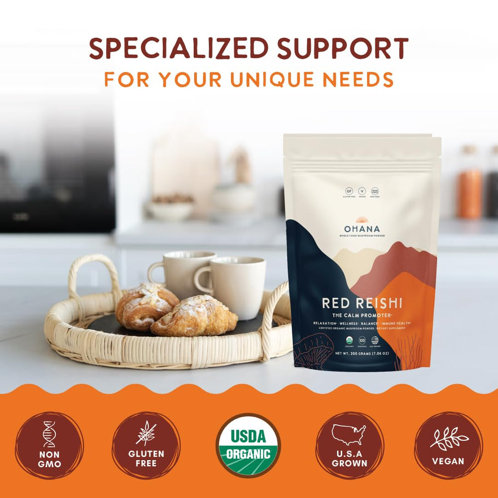 Ohana Red Reishi gluten-free label supports gluten-free dietary planning.