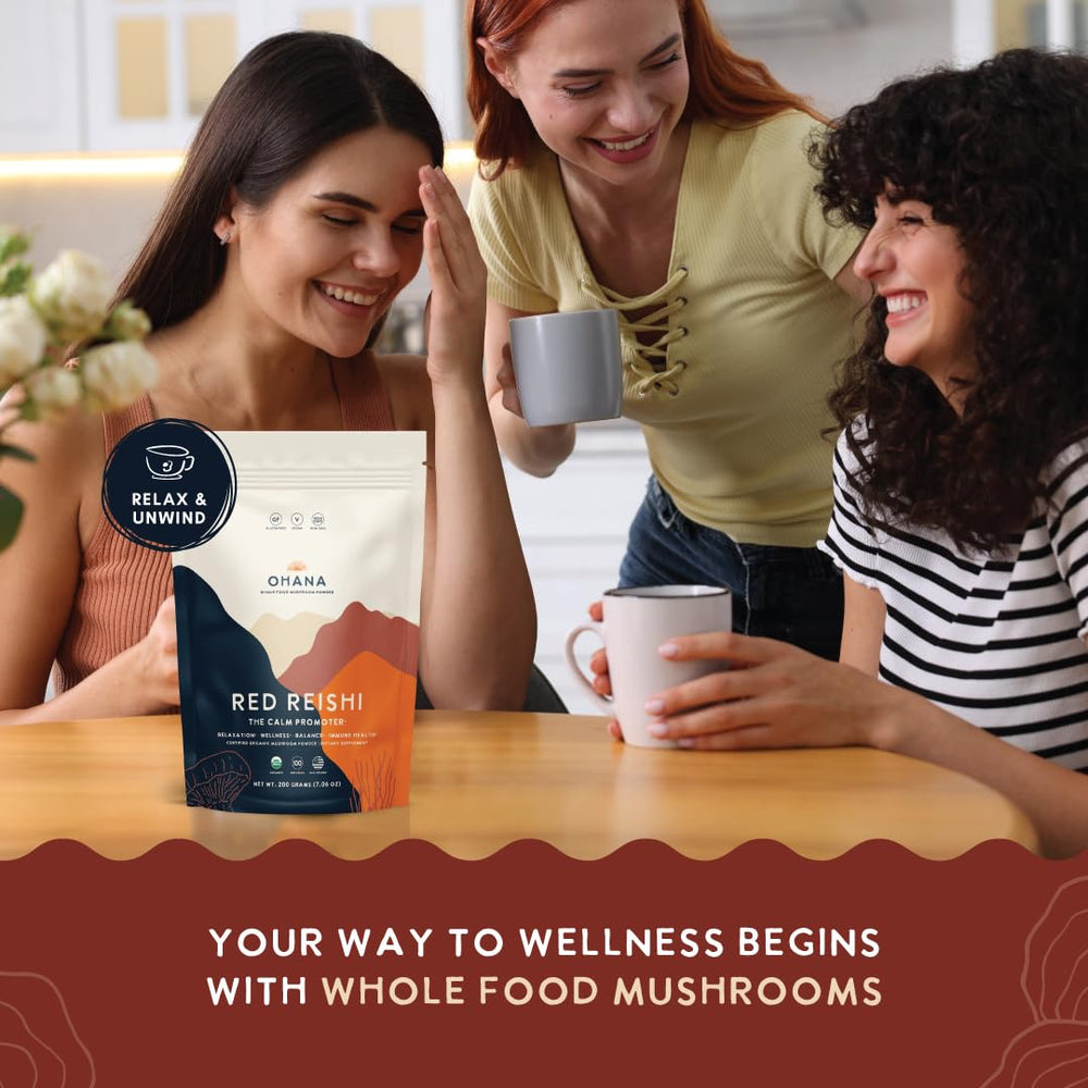 Ohana Red Reishi powder open scene shows convenient daily use for smoothies.