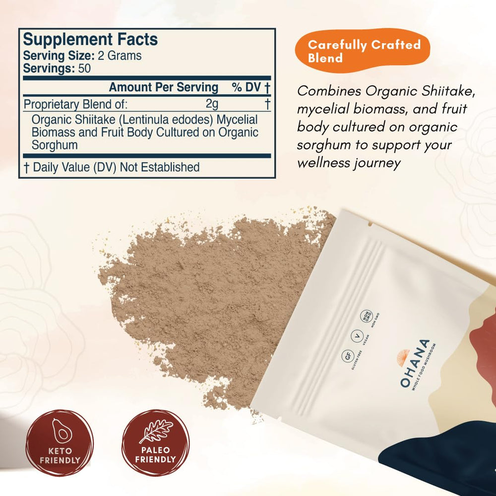 Ohana Shiitake powder close-up texture ideal for smooth mixing.