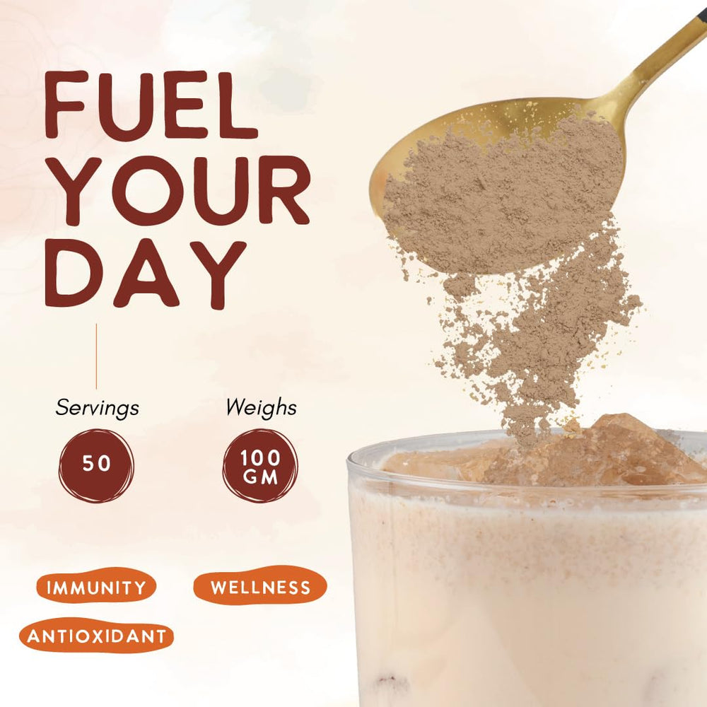 Ohana Shiitake powder poured into a shake for easy daily use.