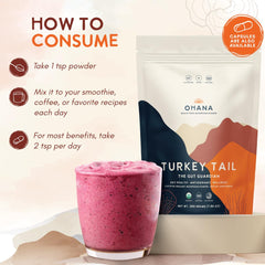 Ohana Turkey Tail powder bag label highlights USDA Organic and gluten-free attributes.