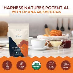 Ohana Turkey Tail bag on a kitchen counter with certification visible